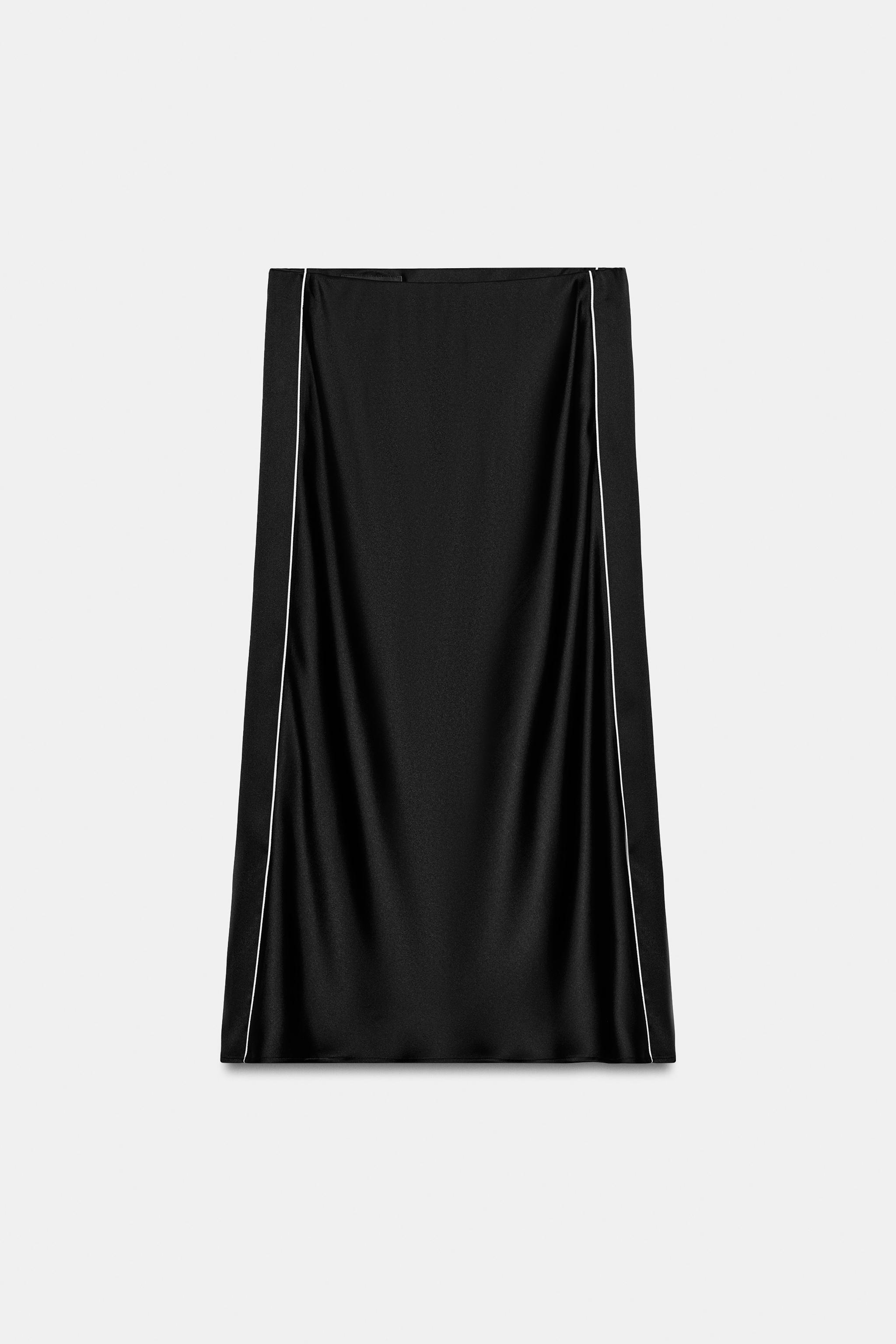 CONTRAST PIPING SATIN MIDI SKIRT